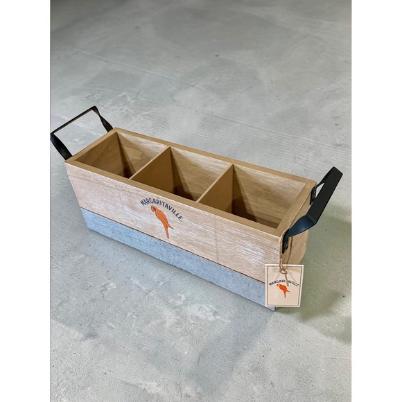 NWT Margaritaville Wood Galvanized Metal 3-Compartment Caddy Organizer Handles - Picture 2 of 12
